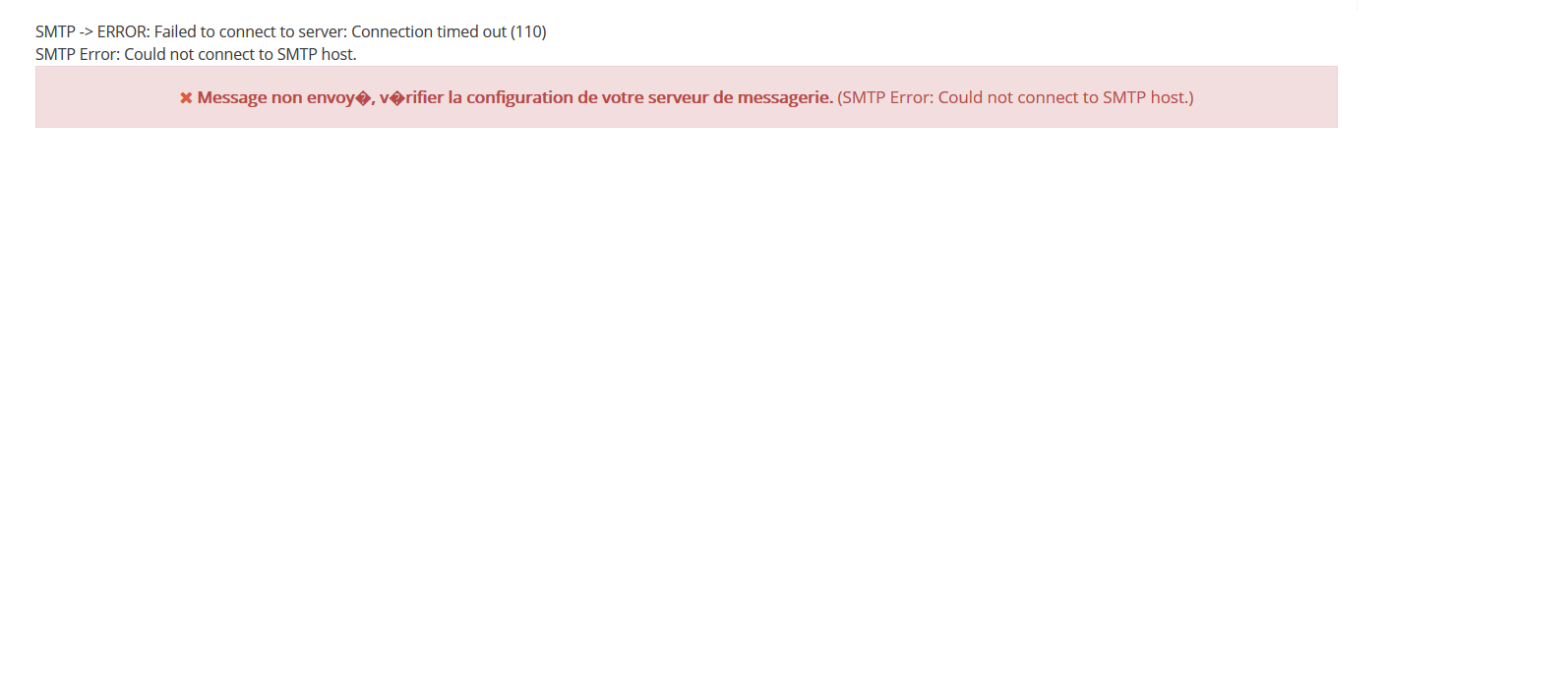 erreur obtenue après tentative d'envoi de mail