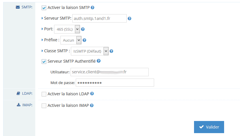 Les paramètres smtp 1&amp;1