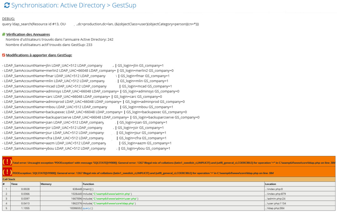 De plus, j'ai toujours le même message d'erreur de synchro Ldap